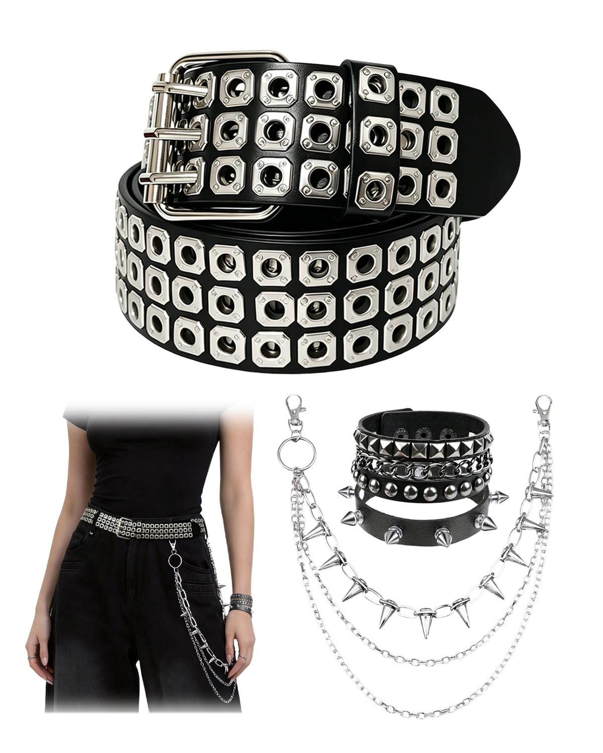 KRLBZER Studded Belt Y2K Spiked Chain and Riveted Leather Punk Goth Belts for Punk Rock Fashion Gothic Style Waistband (4Pcs)