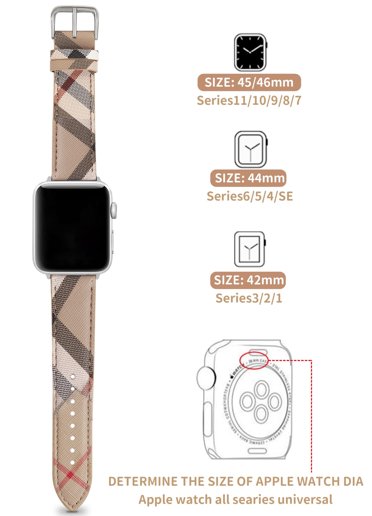 Designer Watch Band for Women Compatible with Apple Watch Bands 45mm 44mm 42mm, Luxury Leather Classic Beige Plaid Watch Band Compatible for iWatch Series 10/9/8/7/6/5/4/3/2/1/SE