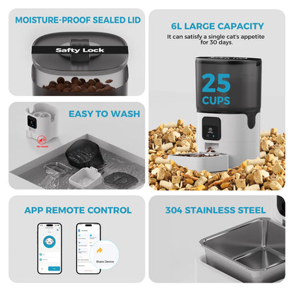 PAPIFEED Smart Automatic Cat Feeders: WiFi Pet Feeder with APP Control for Remote Feeding, Detachable for Easy Clean, Automatic Cat Food Dispenser with Alexa,1-30 Meals Per Day for Dog (6L/25Cup)