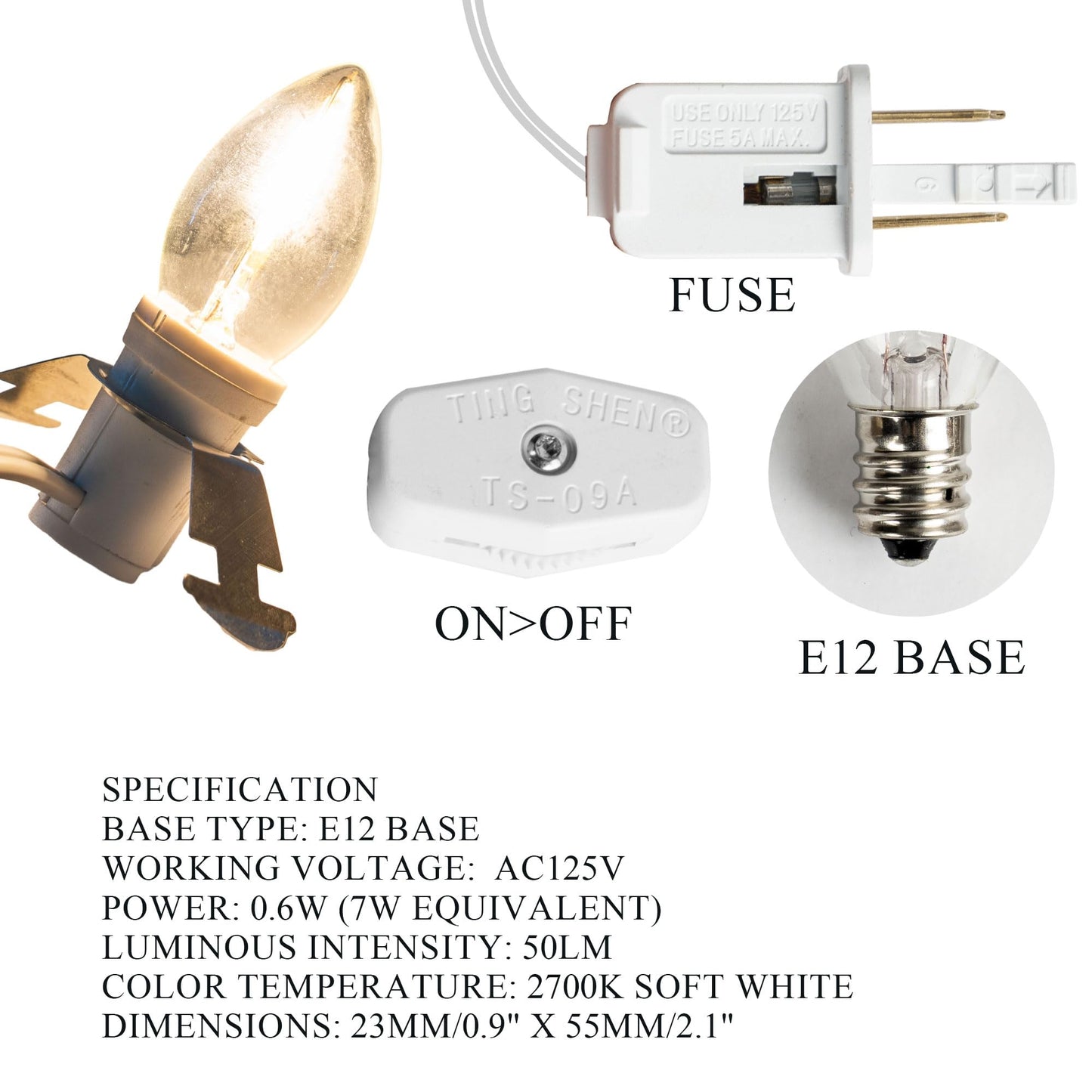 Dazzle Bright 4 Pack 6 FT Accessory Cord with LED Light Bulb E12 Socket White Cord with On/Off Switch Plug, C7 Candelabra Light Bulbs for Holiday Decorations, Christmas Village House, Pumpkin Lights