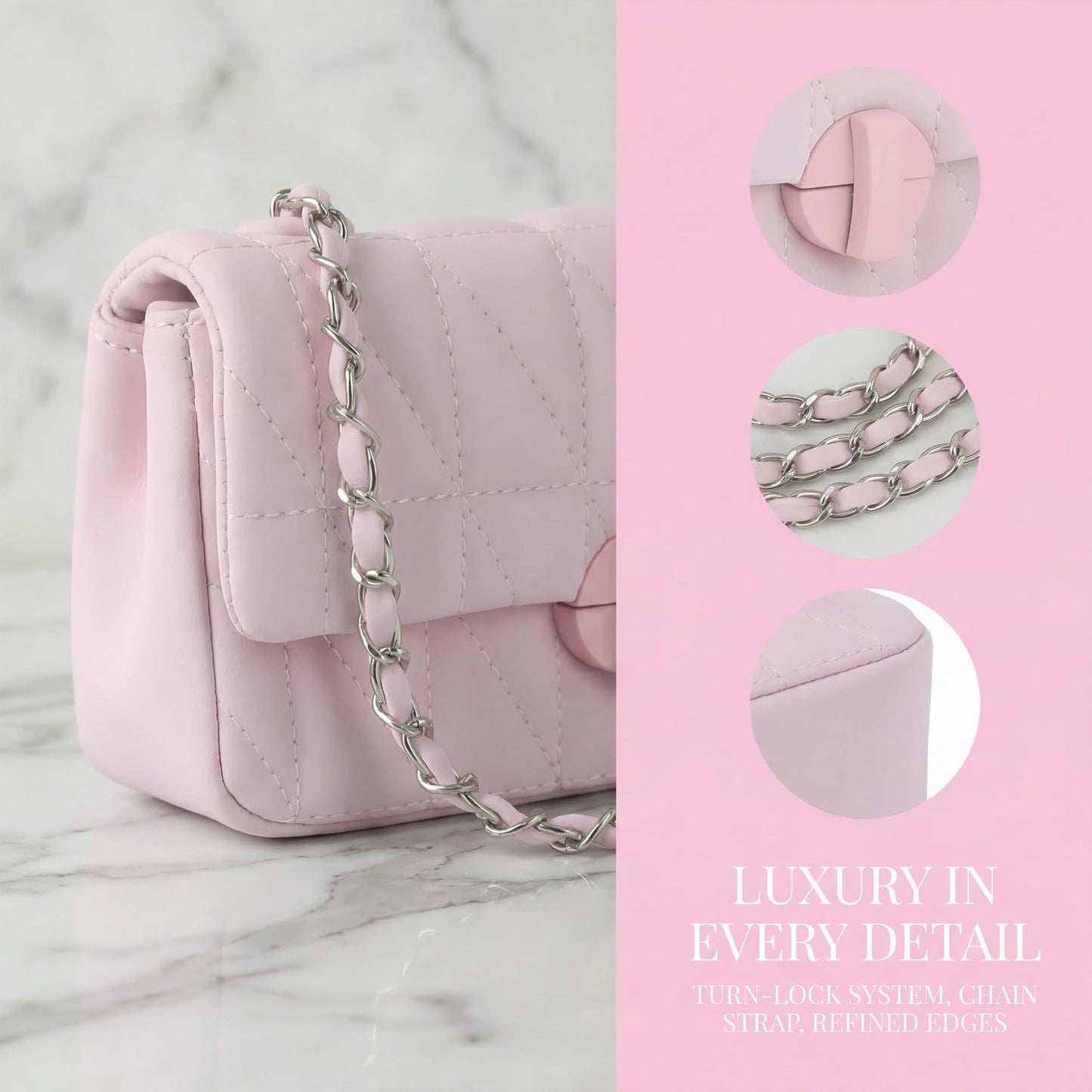 Perphy Quilted Shoulder Bag for Women Medium Flap Crossbody Handbag with Chain Strap 7.5 * 2.8 * 3.9 inches Pink