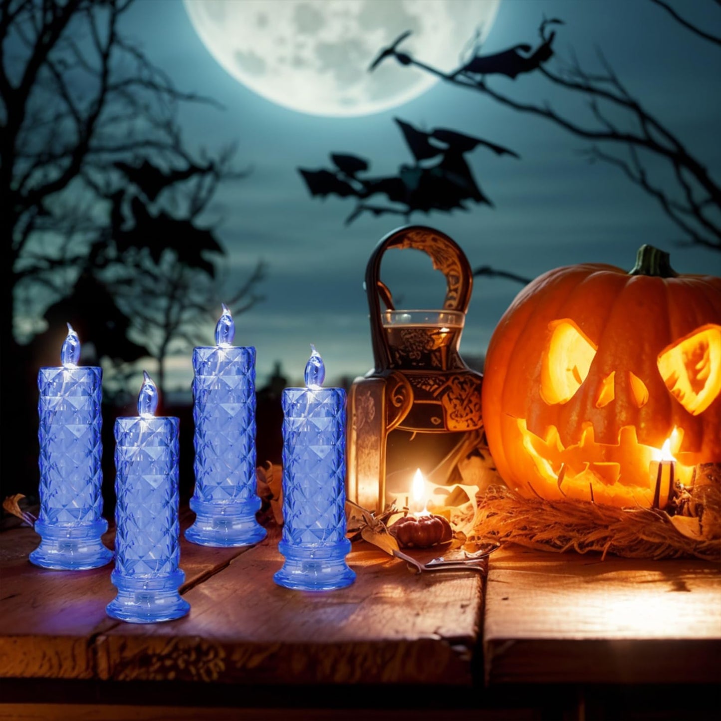 SupBri LED Candles, 4Pack Battery Operated Candles with Rose Light Halo, Romantic Flameless Pillar Candles for Valentines Halloween Decorations(Blue, D 2.5" x H 7.2")
