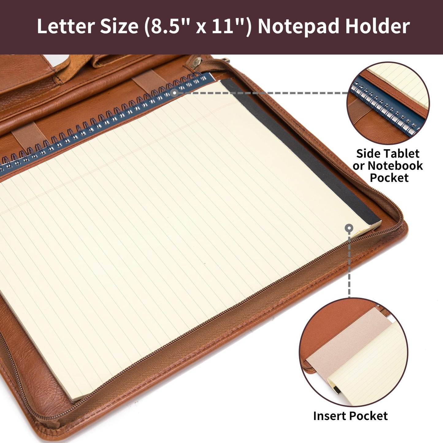 Geslun Genuine Leather Portfolio with Hidden Handle, Zippered Front Pocket, Business Padfolio for Men and Women, 8.5 x 11 Legal Pad Notebook Holder, Office Letter Notepad Folio, Oil Tanned