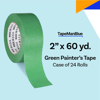 High Tack Green Painters Tape, 2 inch x 60 Yards, Case of 24 Rolls, Made in America, Clean Removal Green Masking Tape, Strong & UV Resistant