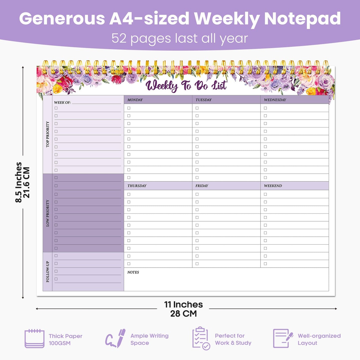 Weekly To Do List Notepad with 52 Undated Sheets（8.5"×11"）- Undated Weekly Planner Notepad for Office Desk Accessories and Supplies - Lavender Charm