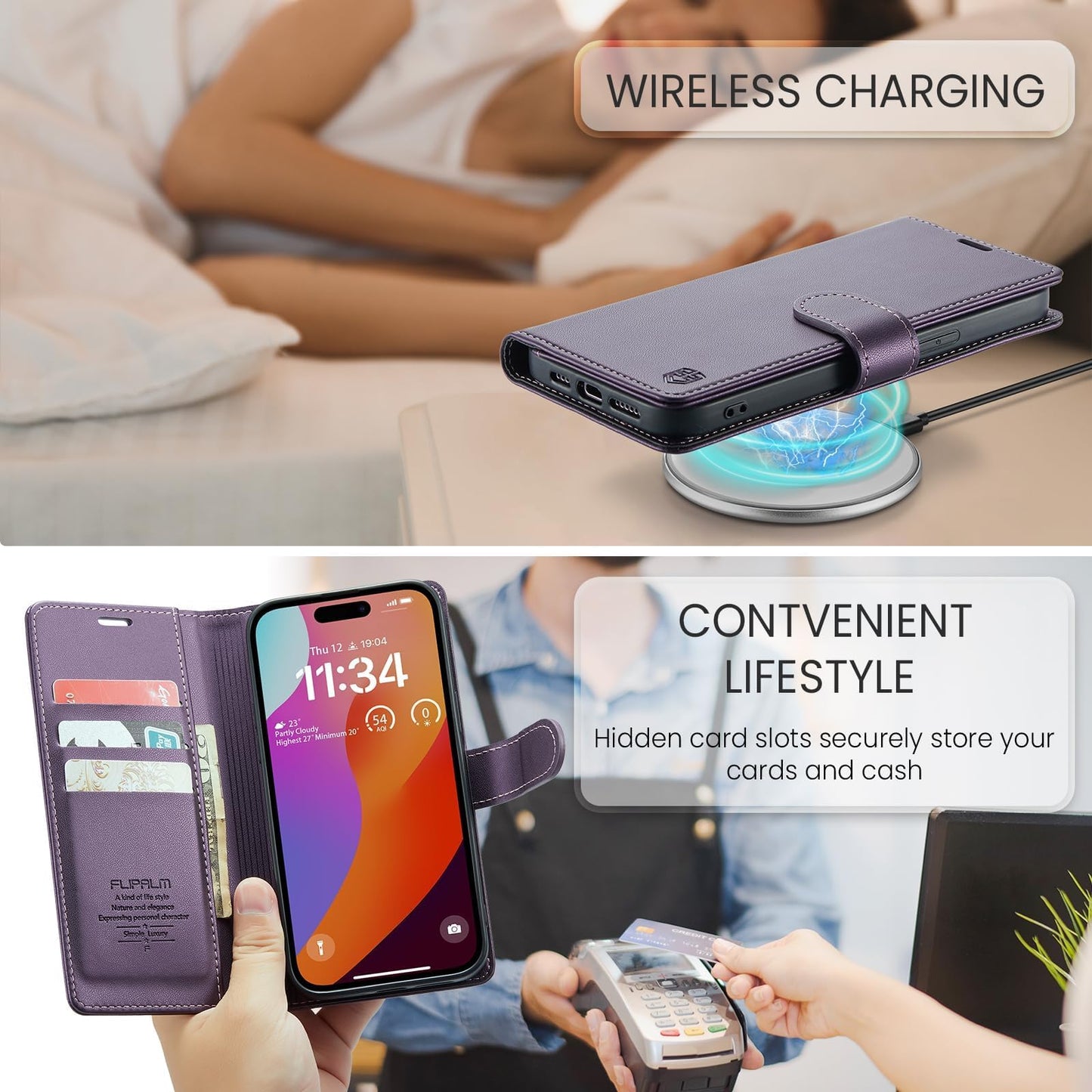 FLIPALM Wallet Case for iPhone 15 Series, RFID Blocking Credit Card Holder, PU Leather Folio Flip Kickstand Protective Shockproof Cover for Apple 15 Series (Purple, iPhone 15 Pro Max - 6.7")