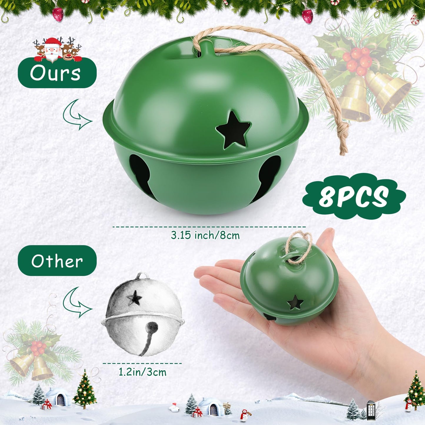 Zhengmy 8 Pcs Jumbo 3.15'' Christmas Star Cutouts Bells for Craft Large Bells Xmas Ornament Christmas Tree Decor (Green)