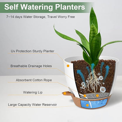 Planters for Indoor Plants, 10/9/8 Inch Self Watering Plant Pots with Drainage Hole, Plastic Planters Flower Pots for Indoor Outdoor Plants (White)