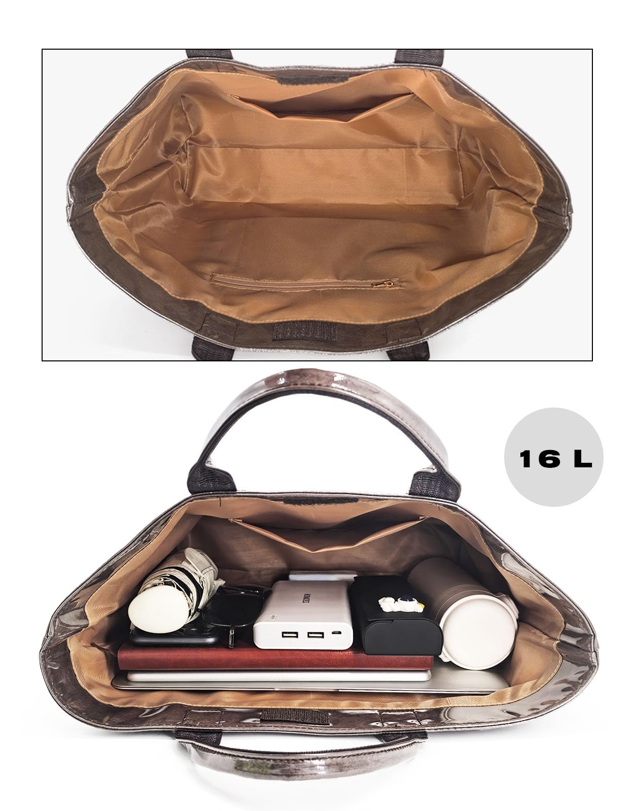 LuxMall PVC Tote Bag for Women Large Tote Purse Kraft Paper The Letters Print Bag Hobo Handbag with Top Handle for Work Travel Shopping Beach, Coffee Brown