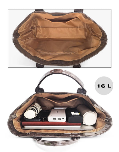 LuxMall PVC Tote Bag for Women Large Tote Purse Kraft Paper The Letters Print Bag Hobo Handbag with Top Handle for Work Travel Shopping Beach, Coffee Brown