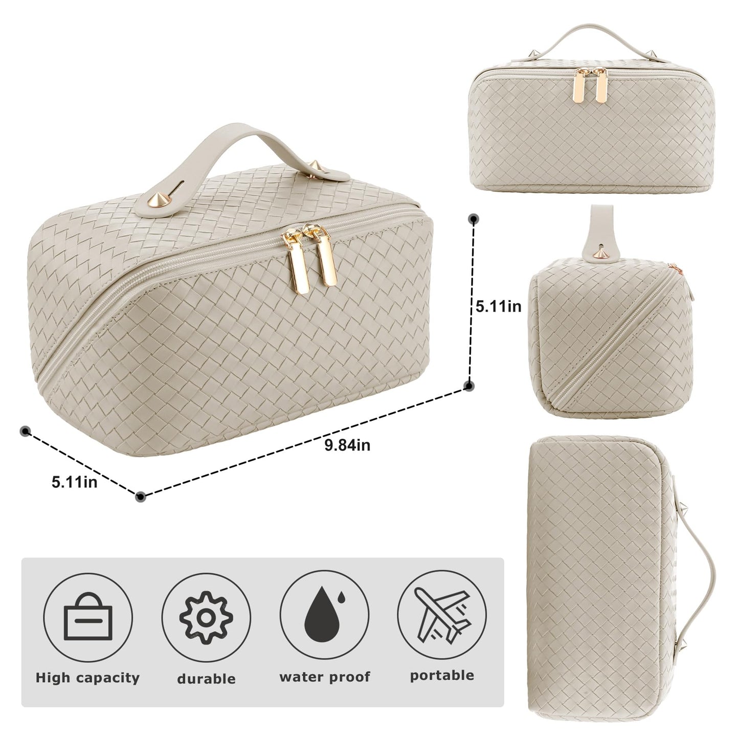 Large Capacity Travel Cosmetic Bag - PU Leather Makeup Organizer Bag Portable Woven Makeup Bags for Women Waterproof Travel Toiletry Bag with Divider Pouch, Khaki