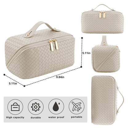 Large Capacity Travel Cosmetic Bag - PU Leather Makeup Organizer Bag Portable Woven Makeup Bags for Women Waterproof Travel Toiletry Bag with Divider Pouch, Khaki