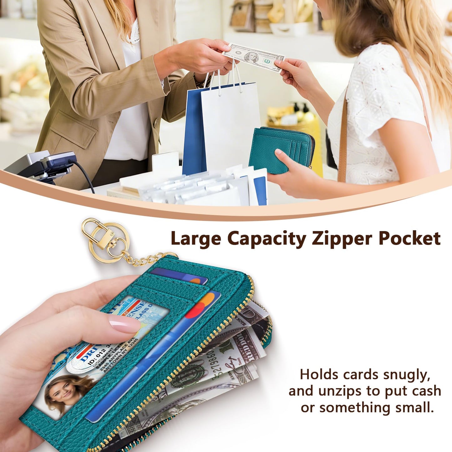 GIANCOMICS Slim Wallet Credit Card Holder Women, Peacock Blue Rfid Blocking Small Card Case, Keychain Thin Pocket Curved Zipper Wallet, Travel Card Holder PU Leather ID Window, Ladies Female Gifts