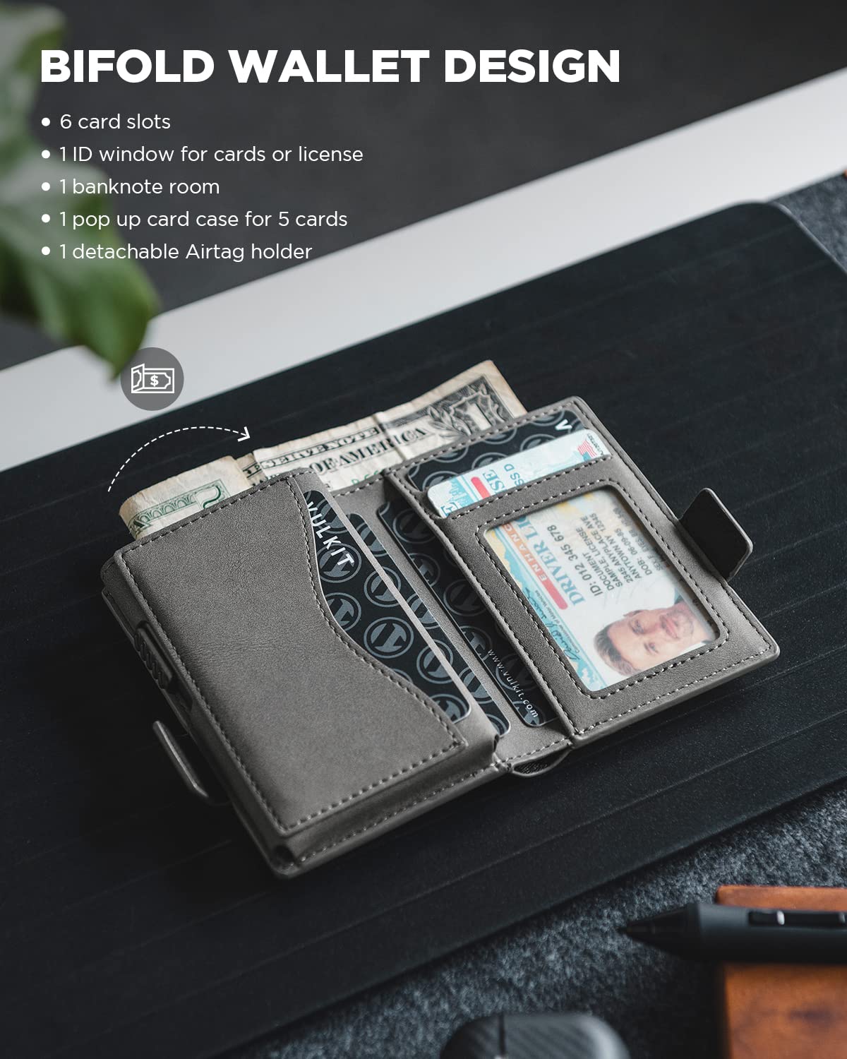 VULKIT Mens Wallet with Key Ring & Airtag Holder Leather Pop Up Card Holder RFID Blocking Keychain Wallet Cash Compartment Grey