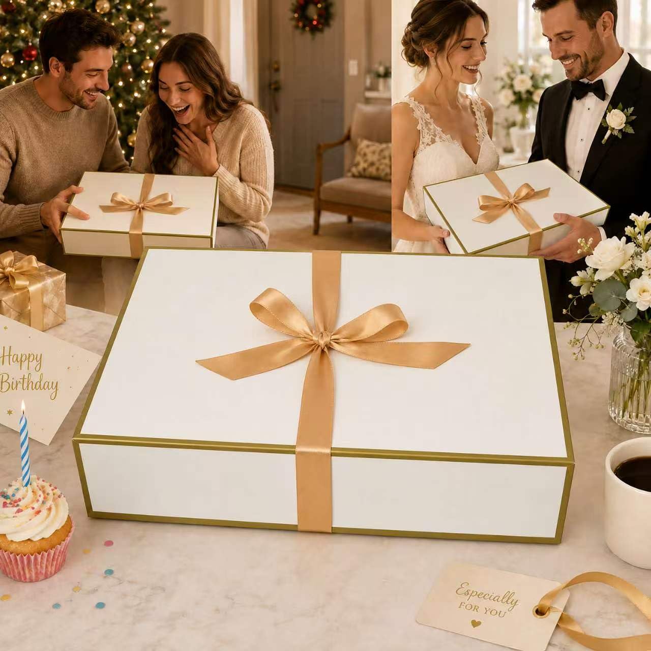 Joyvera 12 Pack Large Shirt Boxes with Lids, 17 x 11 x 4 Inch White Gift Boxes with Gold Ribbon for Clothing, Sweaters, Robes, Bridesmaid, Wedding, Birthday, Christmas