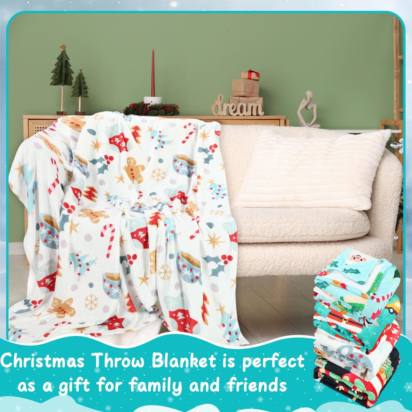 Buryeah 4 Pcs 40 x 50 Inch Christmas Throw Blanket Warm Soft Santa Claus Christmas Tree Gingerbread Plush Blanket Flannel Fleece Throw for Xmas Couch Chair Bedroom Picnic Home Decoration