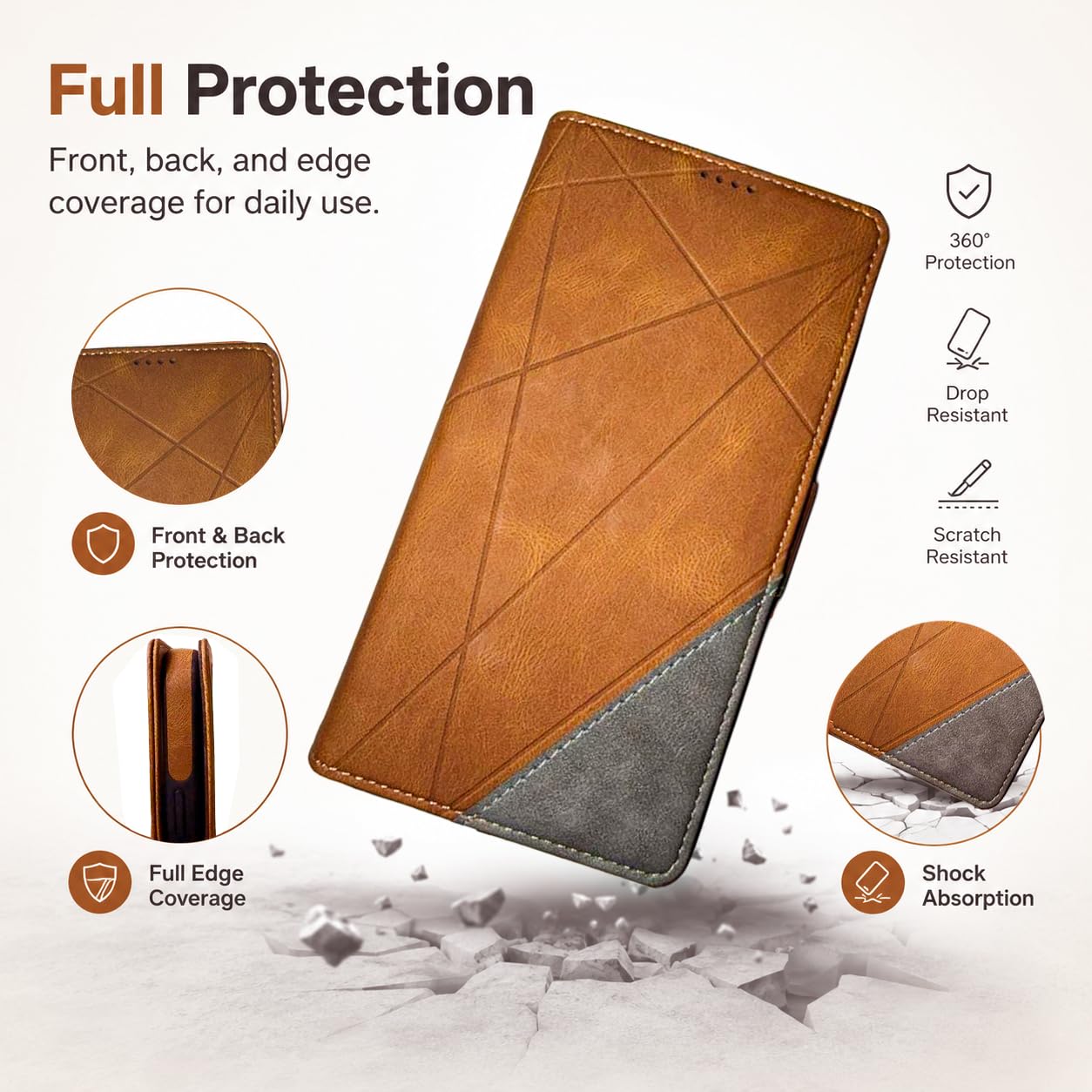 EMF Protection Anti Radiation Cell Phone Wallet Case for iPhone, EMF Blocker Genuine Leather Flip Folio Phone Cover, RFID Blocking Card Holder, MagSafe Case Wallet (Brown/Gray, iPhone 15 Pro Max)