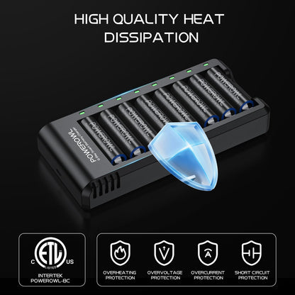 POWEROWL 8 Bay AA AAA Battery Charger, USB High-Speed Charging, Independent Slot, for Ni-MH Ni-CD Rechargeable Batteries, No Adapter