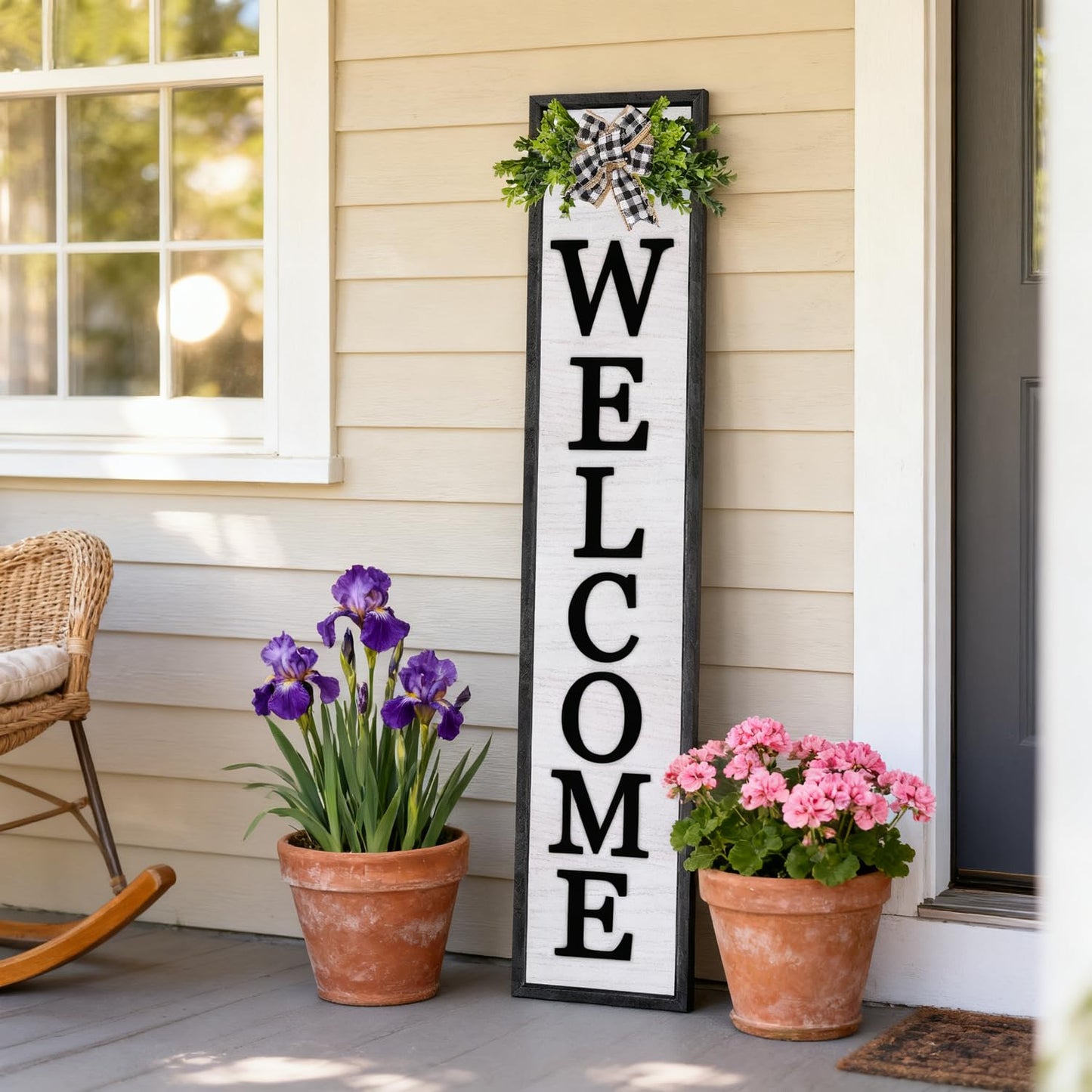 3D Outdoor Welcome Sign for Front Porch Standing 45"X9" Large Rustic Farmhouse Leaner Tall Vertical Soild Wooden Framed Plaque Modren Beautiful Outside Home Front Door Decorations (Black)
