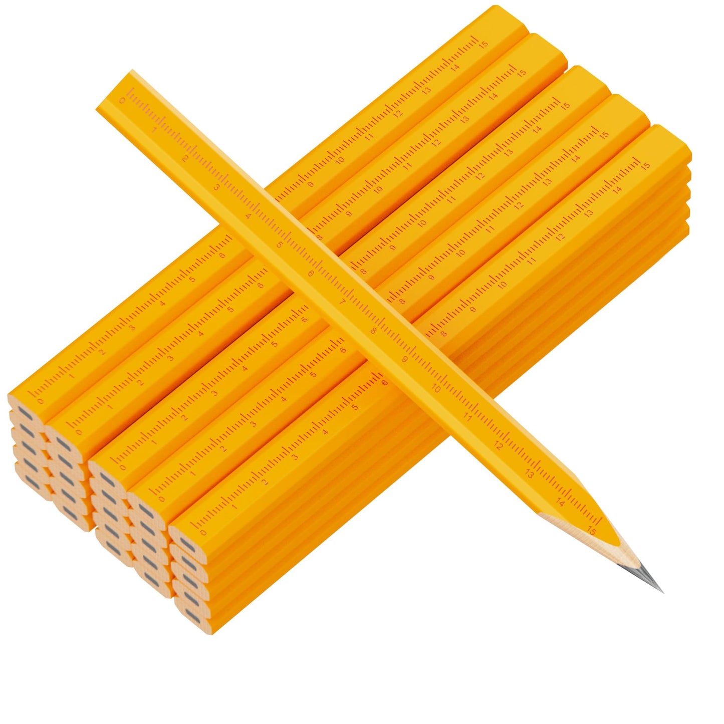 25 Pack Carpenter Pencils with Ruler - Flat Yellow Octagonal Woodworking Pencils for Construction, Marking, Framing - Hard HB Graphite