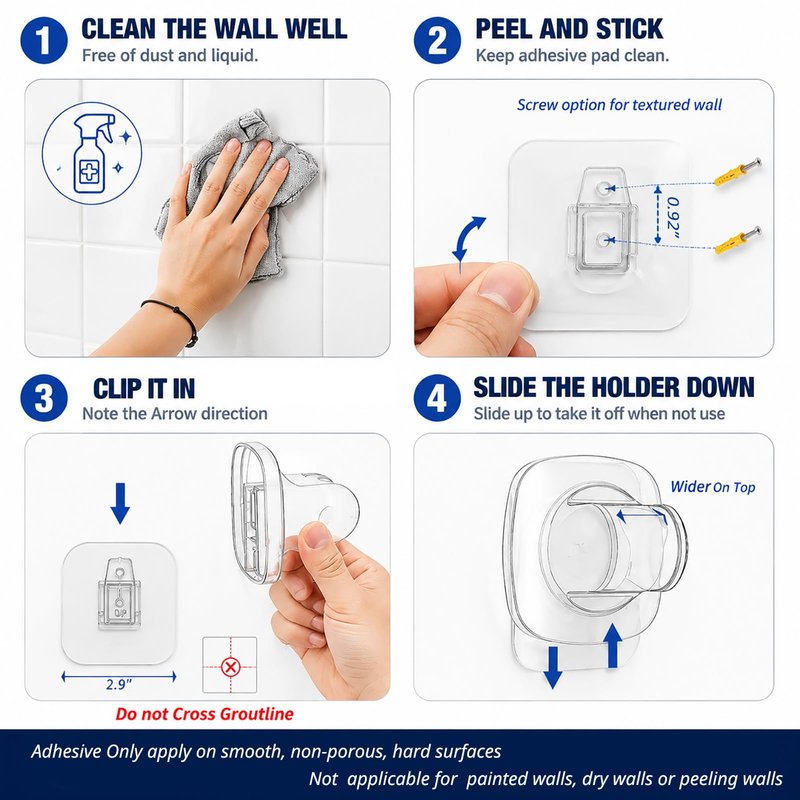 Handheld Shower Head Holder - 5 Positions Adjustable - Slide to Fit - Adhesive Mount with Screw Option, Bathroom Wall Mount Shower Hose Holder (Chrome)