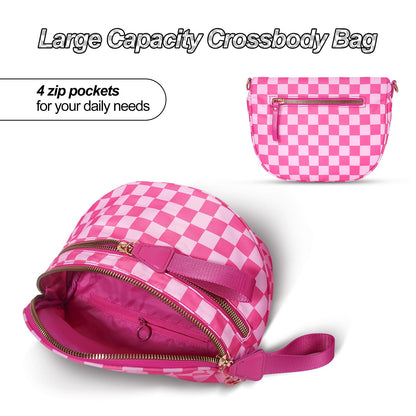 Checkered Crossbody Bag,Nylon Bum Bags for Women Crossbody,Spacious Sling Bag Purse Fanny Packs with Shoulder Strap