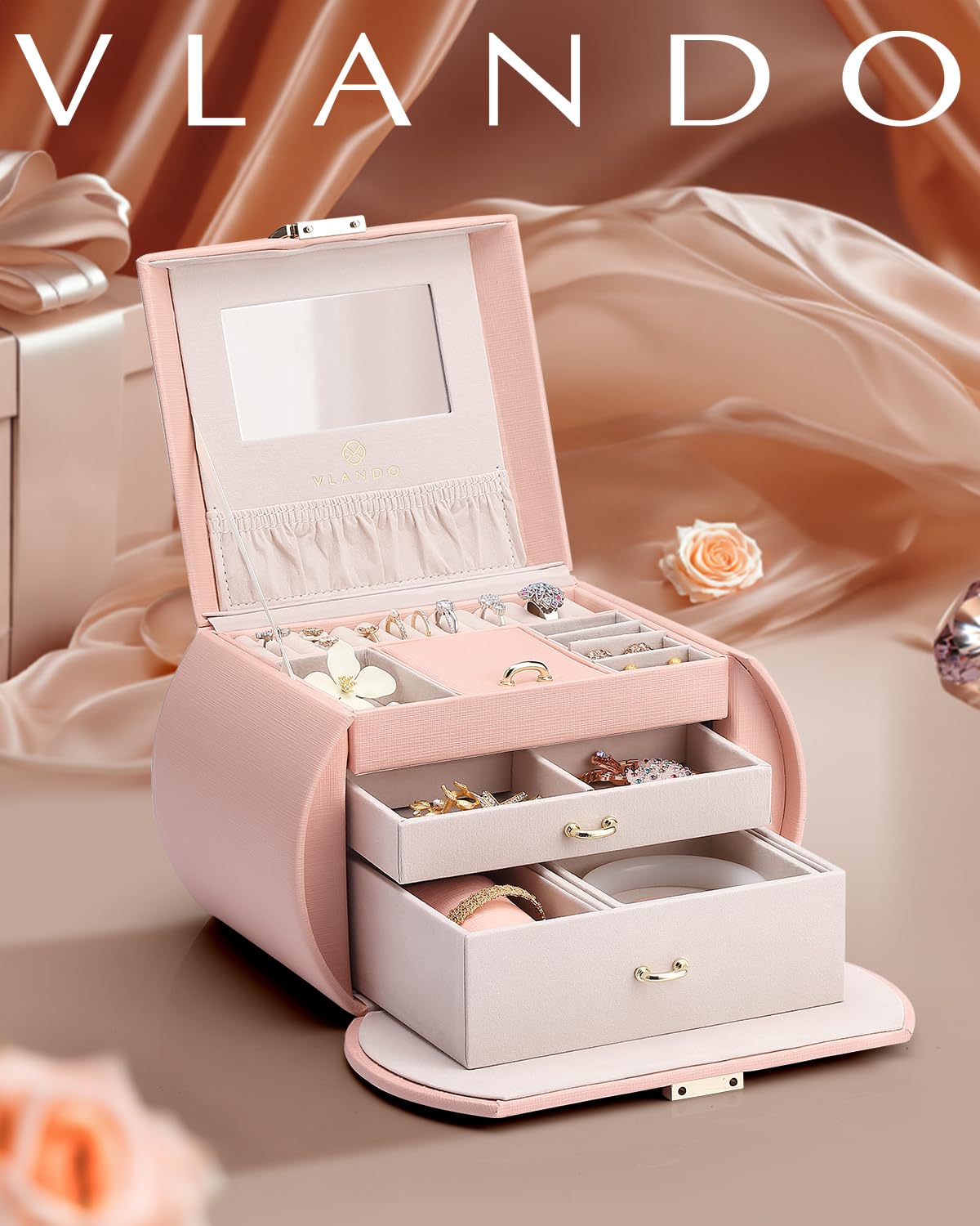 Vlando Princess Style Jewelry Box for Girls Jewelry Box Girls 12-14 3-Layer Kids Jewelry Box with Mirror Little Girls Jewelry Box 8-12 Birthday Gift for Teens Girls (Pink)