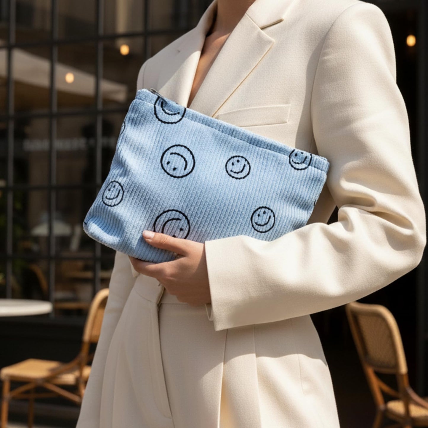 HFZRZFH Smiley Face Makeup Bag - Cute Blue Corduroy Small Toiletry Bags for Women, Soft Mini Skincare Organizer, Small Zipper Pouch For Travel Use