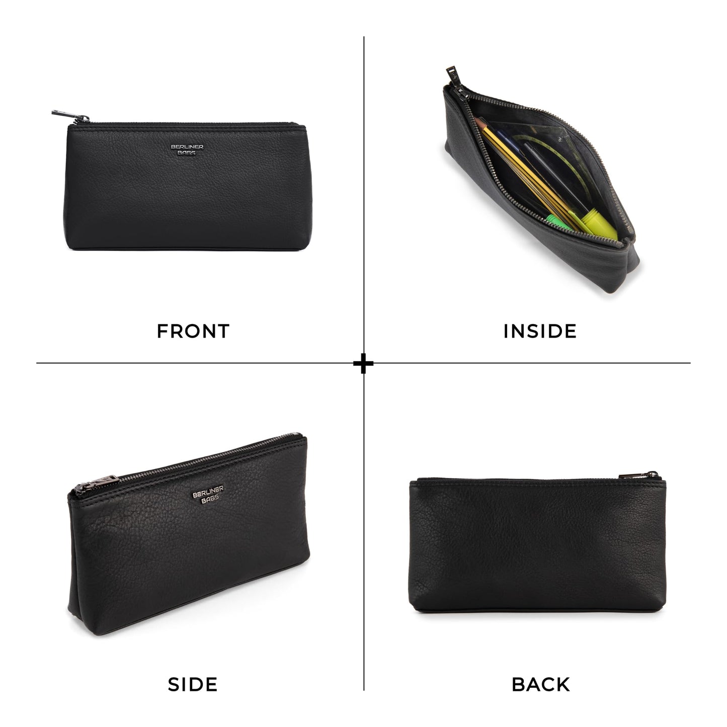 BERLINER BAGS Premium Genuine Leather Makeup Bag Anna, Cosmetic Bag for Purse, Travel and Cosmetics Pouch with Zipper for Women - Black