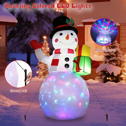 5FT Christmas Inflatables Snowman with Gift Box & Rotating Lights, Blow Up Snowman Outdoor Decoration LED Lighted Snow Man Christmas Decor for Yard Patio Garden Lawn Xmas Holiday Indoor Party