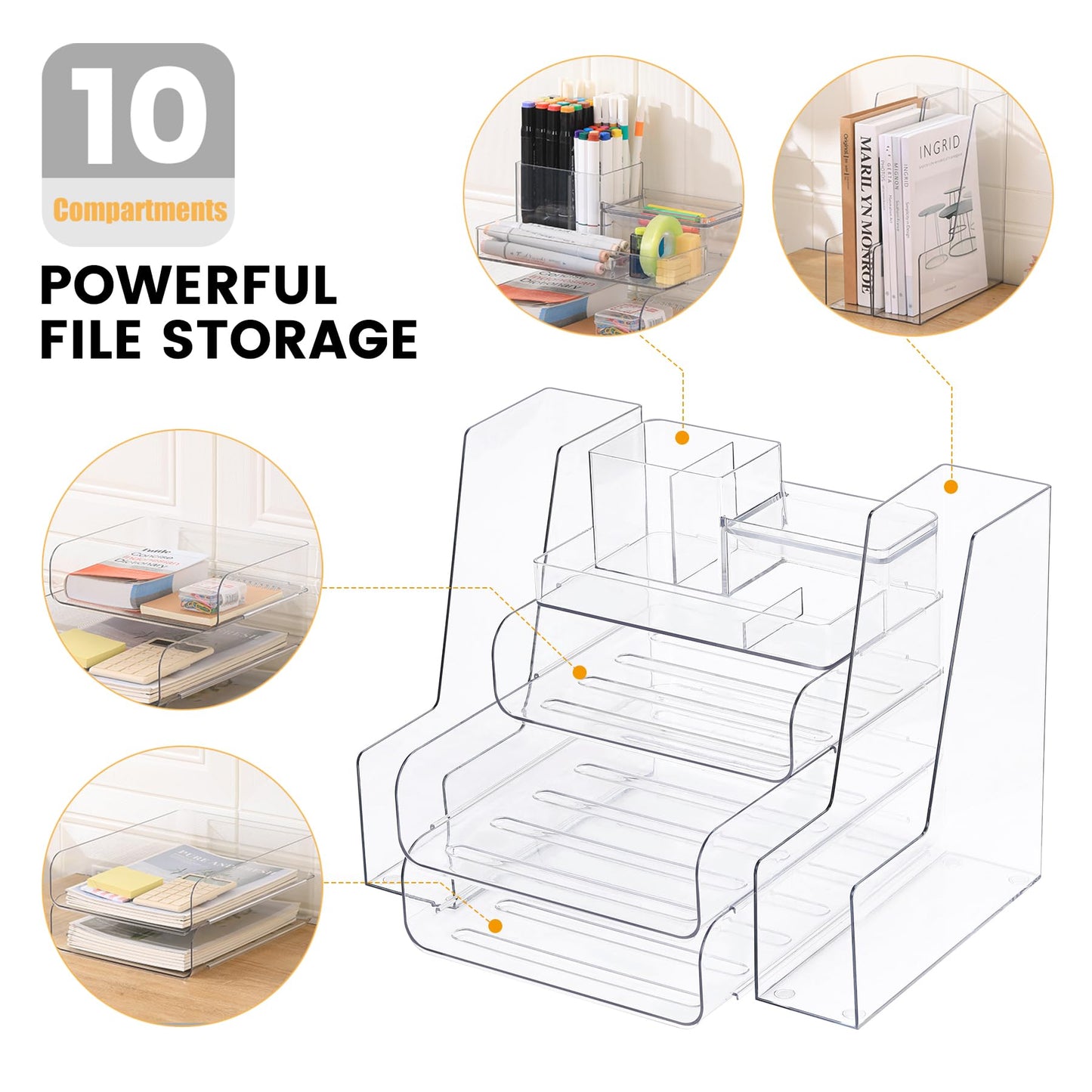 CiWiVOKi Desk Organizer with 2 Vertical File Holder, 4 Tier Stackable Paper Letter Tray File Organizer with 5-Compartments Pen Holder, Clear Desktop Organizer Office Organization and Storage