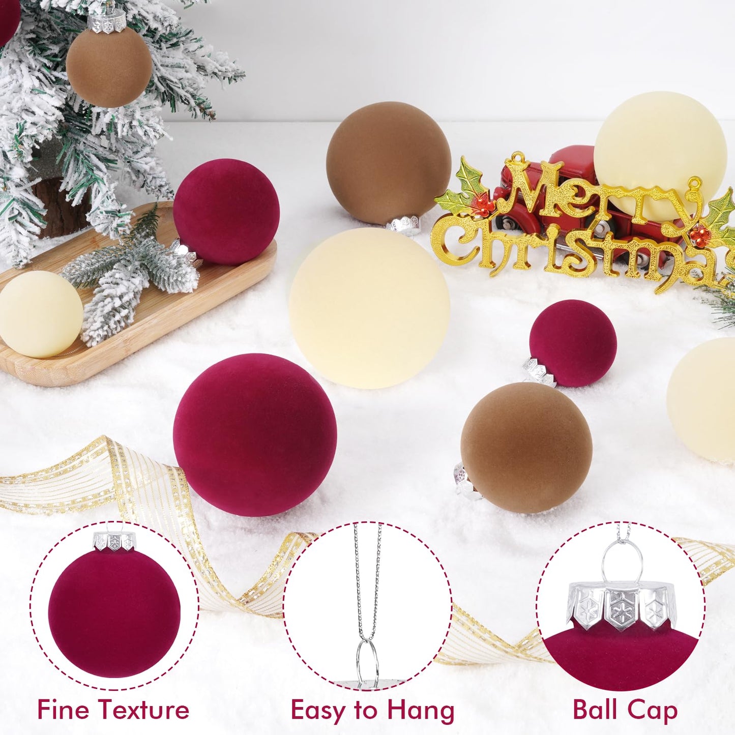 15 Pcs(3.9 In/100 mm) Velvet Christmas Ornaments Balls Set, Brown Red Neutral Christmas Tree Ornaments, Flocked Xmas Tree Balls for Xmas Holiday Party Decorations