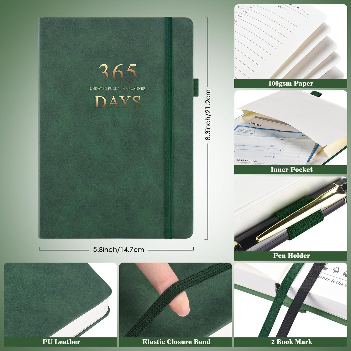 Asten Planner, Undated Daily Planner with To Do List, 365 Days Planner for ADHD, Hourly Planner Notebook for Goal Setting, Productivity Organizer with Calendar, 8.3'' x 5.8''(Green)