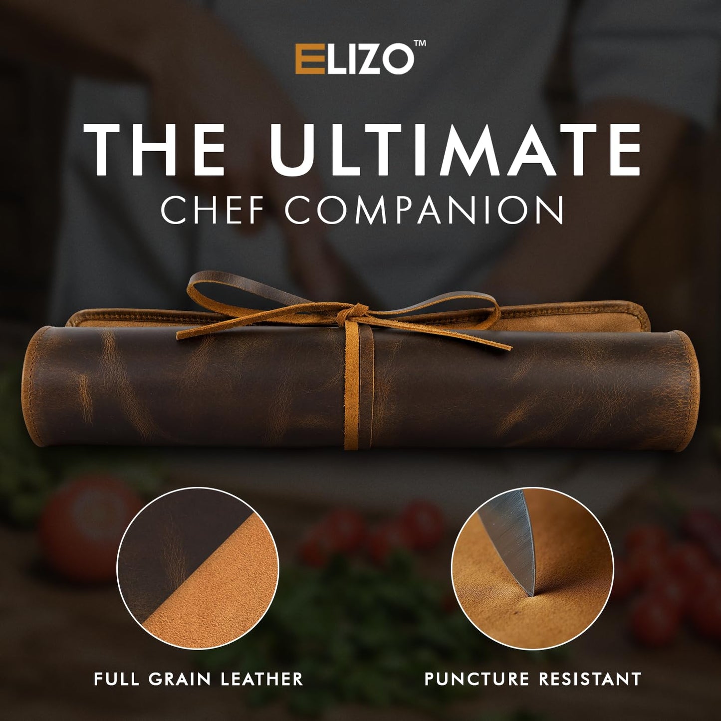 ELIZO Leather Knife Roll Bag Professional Chef Knife Case, Durable Sheath Holder, Cooks & Culinary Tools Carrying Storage, Portable Wrap - 6 Slots