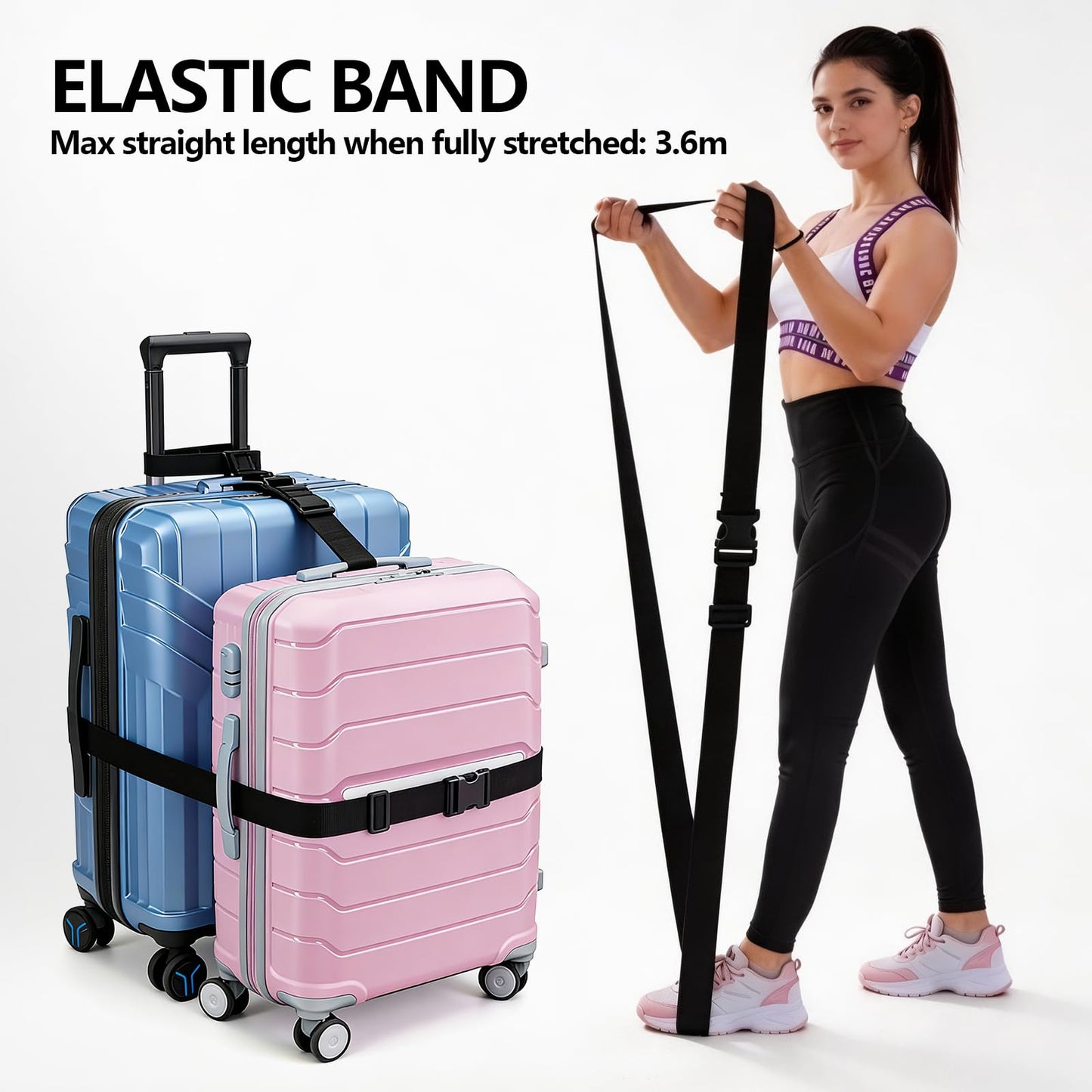 3 Packs Luggage Straps for Suitcases, 2 Luggage Connector Straps & Elastic Strap, Connect Up to 4 Suitcases ＆ Add a Bag, Heavy Duty Adjustable Travel Belt for 20-32 Inch Luggage, Black
