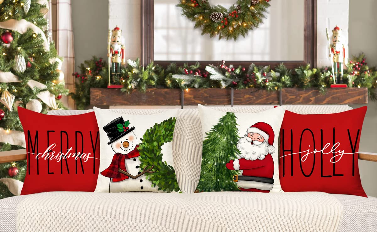 Red Christmas Pillow Covers 18x18 Set of 4 - Farmhouse Decorations With Snowman, Wreath, Santa Claus, Tree - Merry Christmas Holly Jolly Winter Holiday Decor Throw Cushion Case for Home Couch S22C17