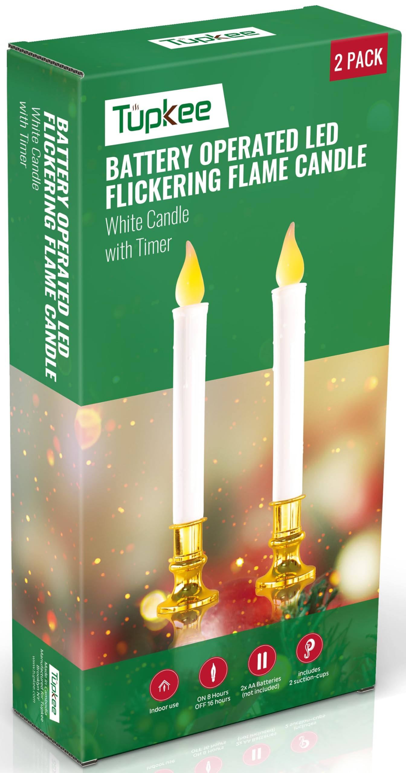Tupkee Flickering LED Window Candles – Set of 2 Battery-Operated Flameless Christmas Candles with Flickering Flame & Timer for Holiday Window & Home Décory Window & Home Decoration