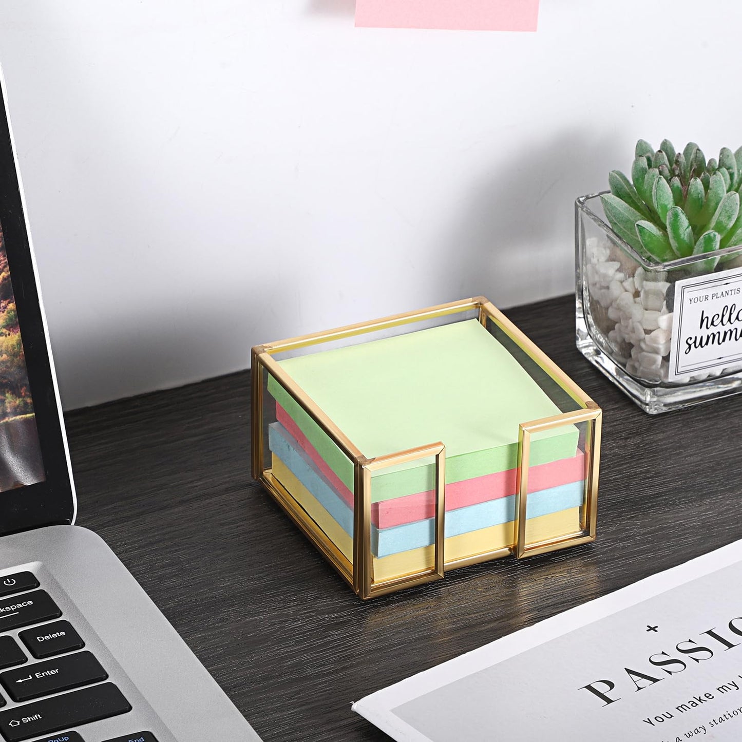 BTSKY Golden Glass Sticky Note Holder for 3x3 Inch Sticky Notes, Elegant Post It Note Dispenser with Non-Slip Pads Clear Notepad Holder for Desk Organization Planning, Home Office Decor