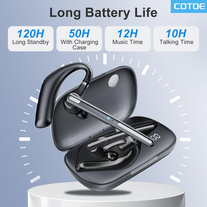 COTOE Bluetooth Headset V5.3, Wireless Earpiece with 500mAh Charging Case 72Hrs Talking Time Hand-Free Headphones with Noise Canceling Mic for Office/Driving/Business,Black
