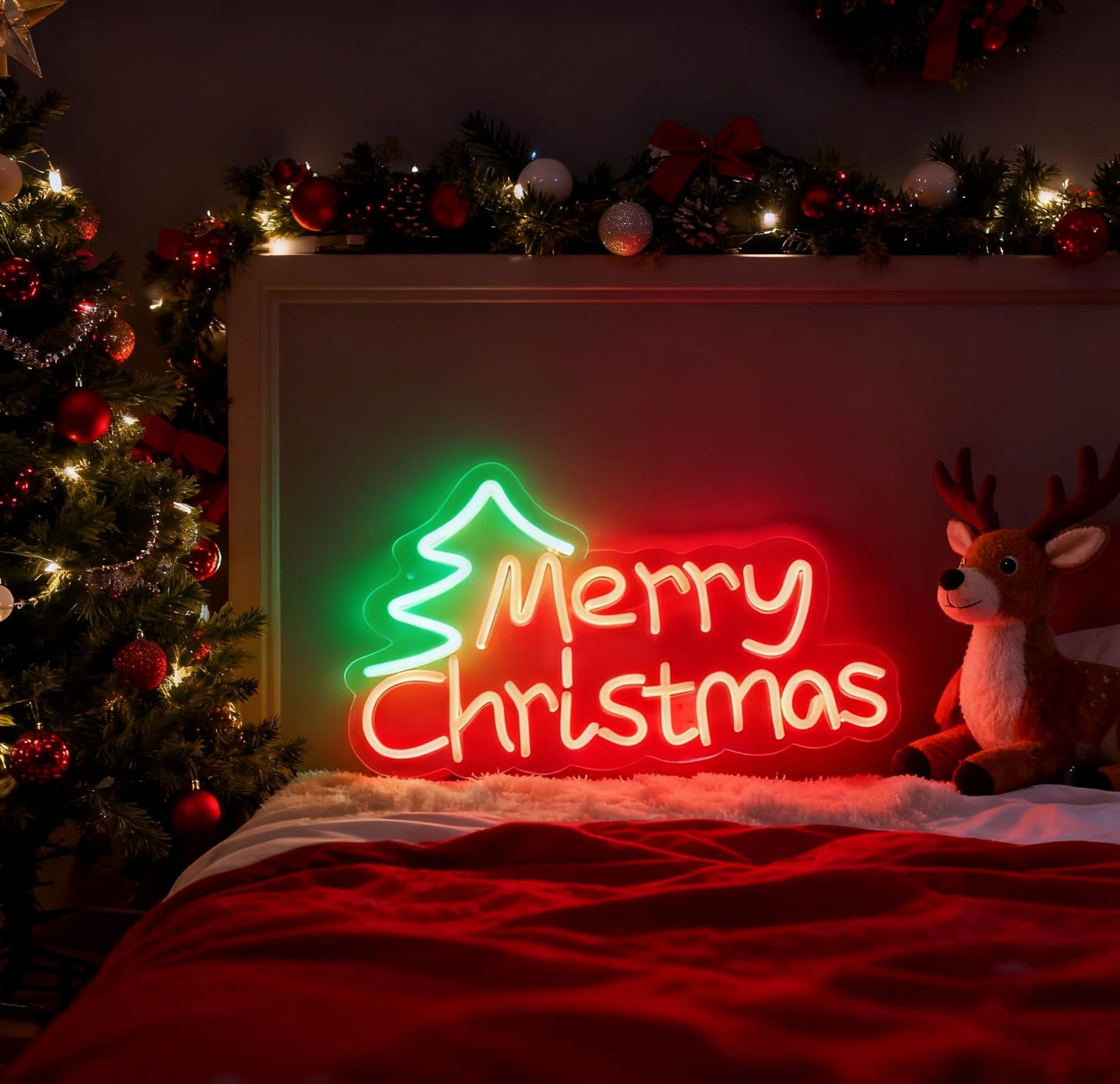 Merry Christmas LED Neon Sign, Dimmable Merry Xmas Decorative Light Holiday Theme Decor for Living Room Bedroom Party Pub Home Wall Table Festive Vibe Light Up Letters Sign, 17 x 10.2 In