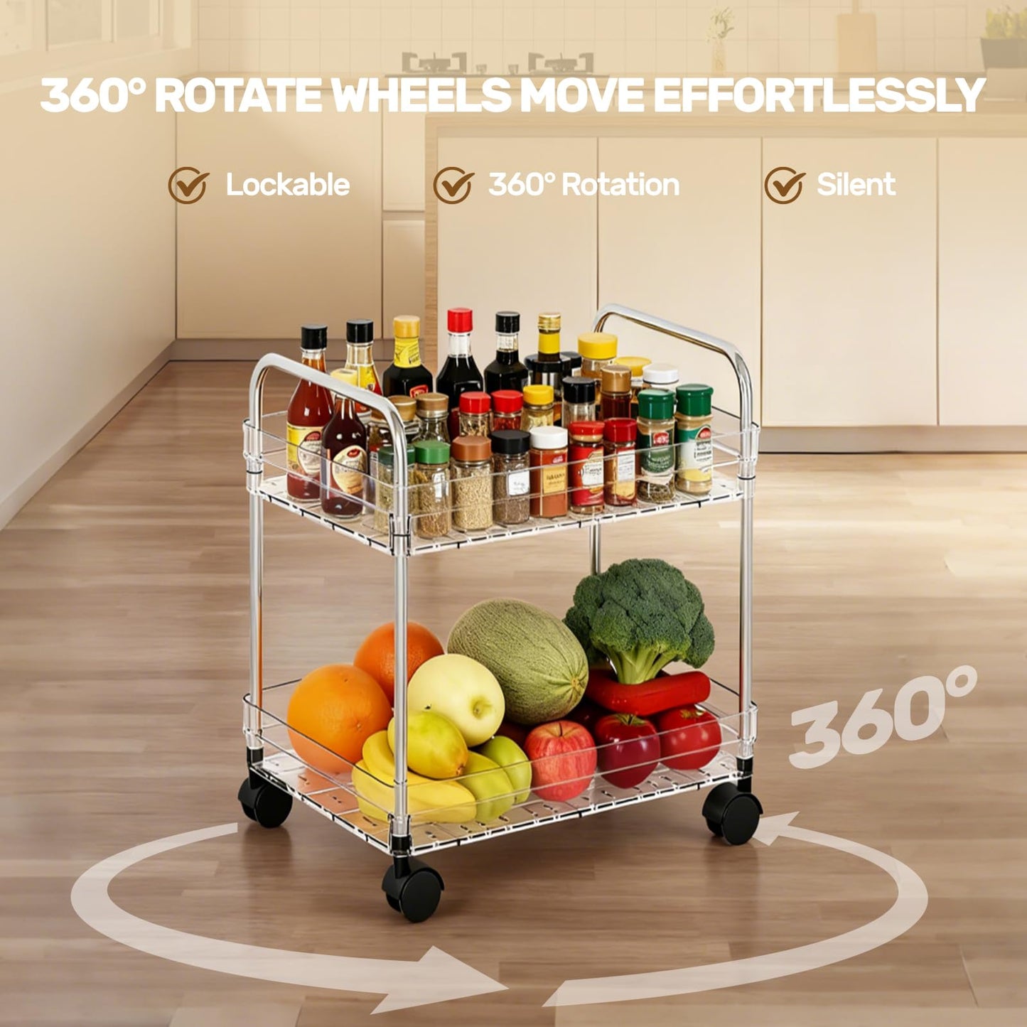 2 Tier Utility Rolling Cart with Wheels Multifunctional Storage Cart Under Desk Storage Organizer with Handle and Hooks for Home Kitchen Office Bathroom Organization Transparent