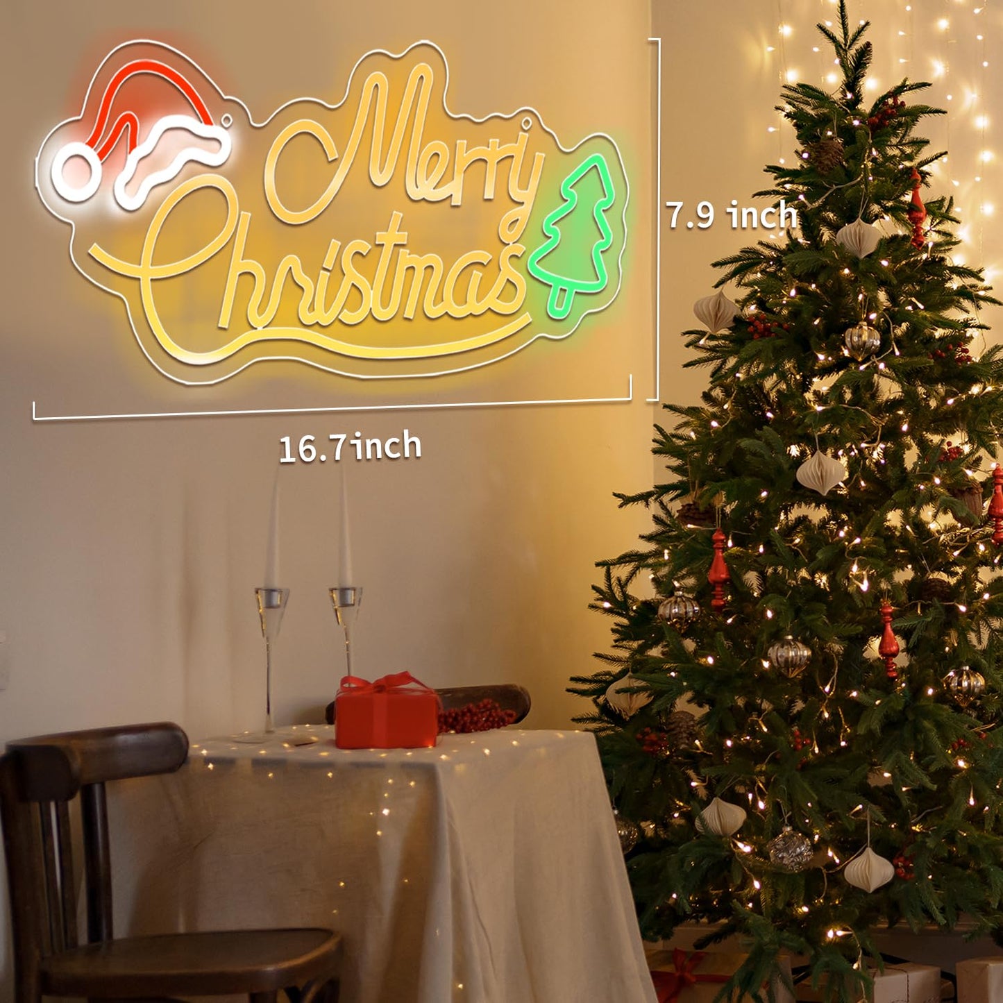 JoyHue Merry Christmas Neon Signs, 16.7*7.9Inch LED Christmas Lights with Xmas Tree and Santa Hat for Wall, Window, Party, Bar, Pub, Club, Kids Bedroom Decorations and Gifts, USB Powered