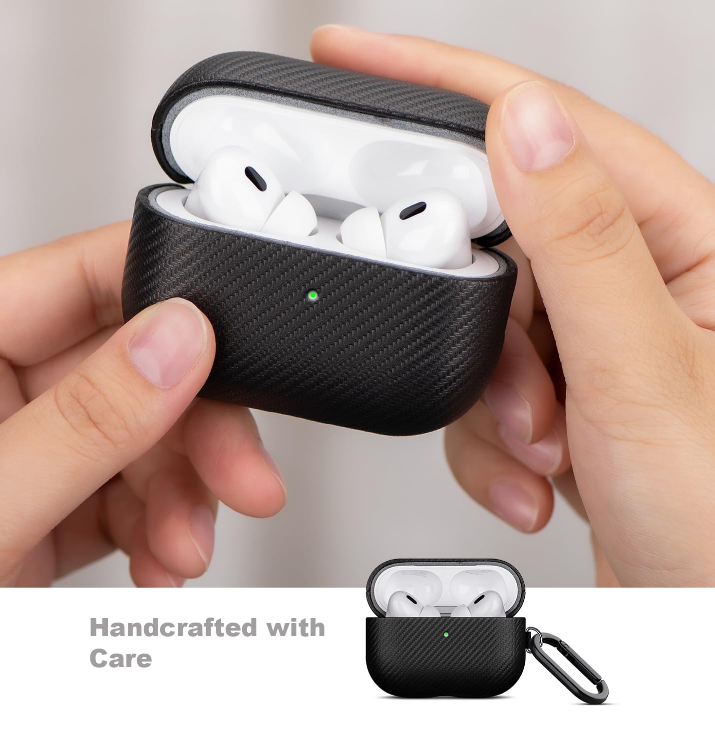 LOPIE Handmade AirPods Pro Case, Carbon Fiber Texture Vegan Leather Case with Keychain & Cleaner Kit, Protective Hard Shell Cover - Black