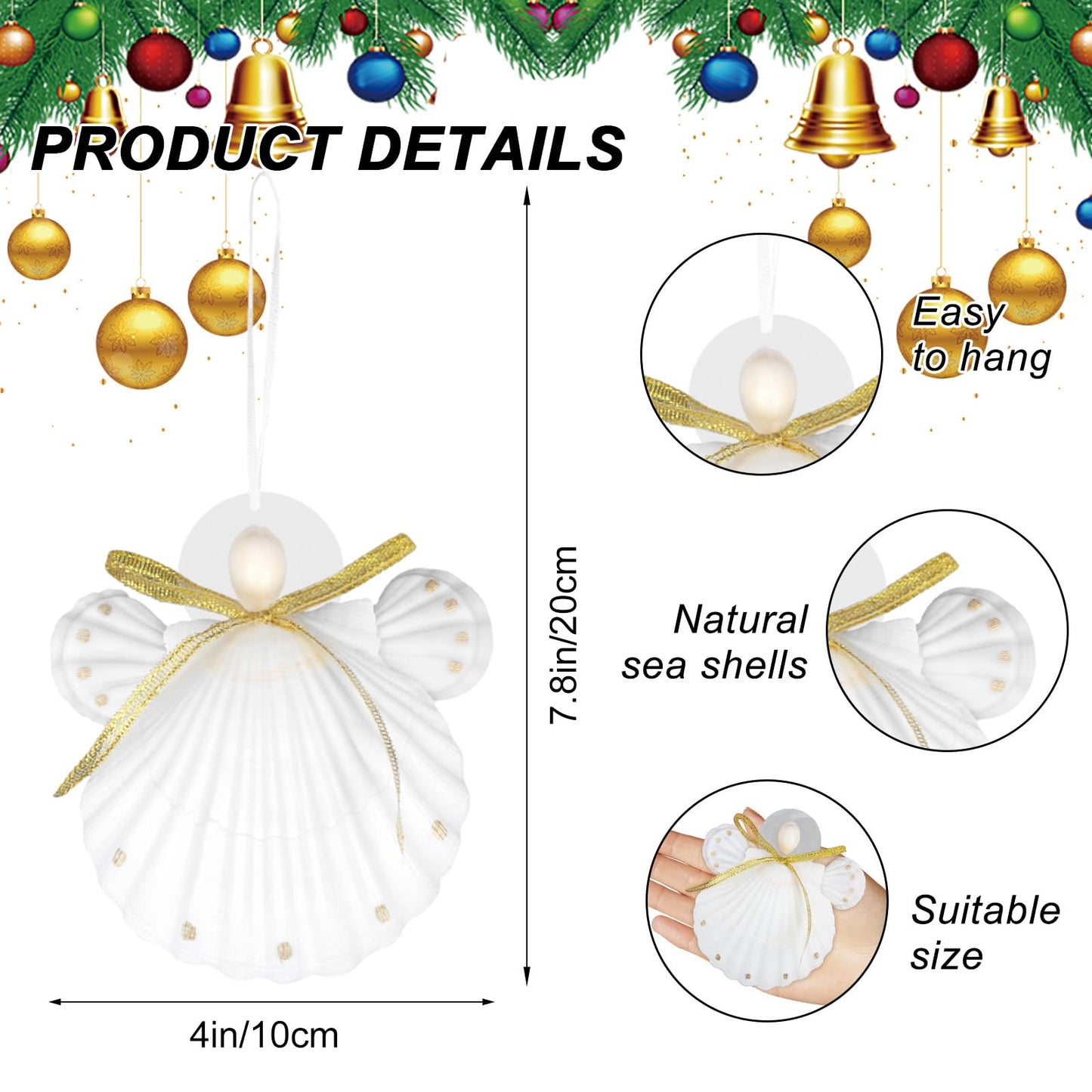 Seashell Angel Ornaments - 4PCS Handmade Natural Shell Crafts for Coastal & Beach Christmas Tree Hanging Ornaments