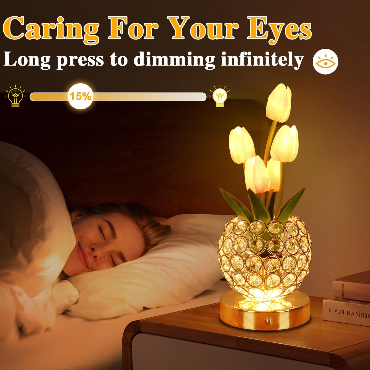 Birthday Gifts for Women Mothers Day Gifts/ for MomTable Lamp, 3 Color Crystal Flower Bedside Lamps Infinitely Dimming with USB Charge Small Night Light,Nightstand Touch Lamp for Bedroom (pink-tulip)