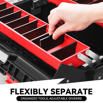Auto Dynasty Tool Box Set Portable 2-layer Folding Toolbox with Non-slip Handle Tray for Garage, Workshop and On-the-Go Repairs, Red/Black
