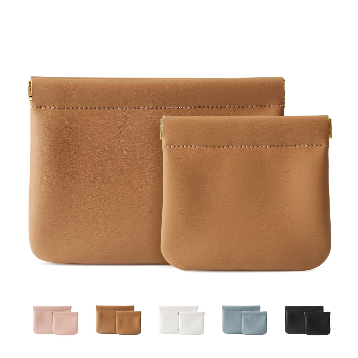 MEIBOOCH 2 Pack Small Makeup Bag for Women, New Organosilicon Super Fiber PU Leather Mini Cosmetic Bag for Travel, Coin Purse Organizer Storage Pouch (Brown)