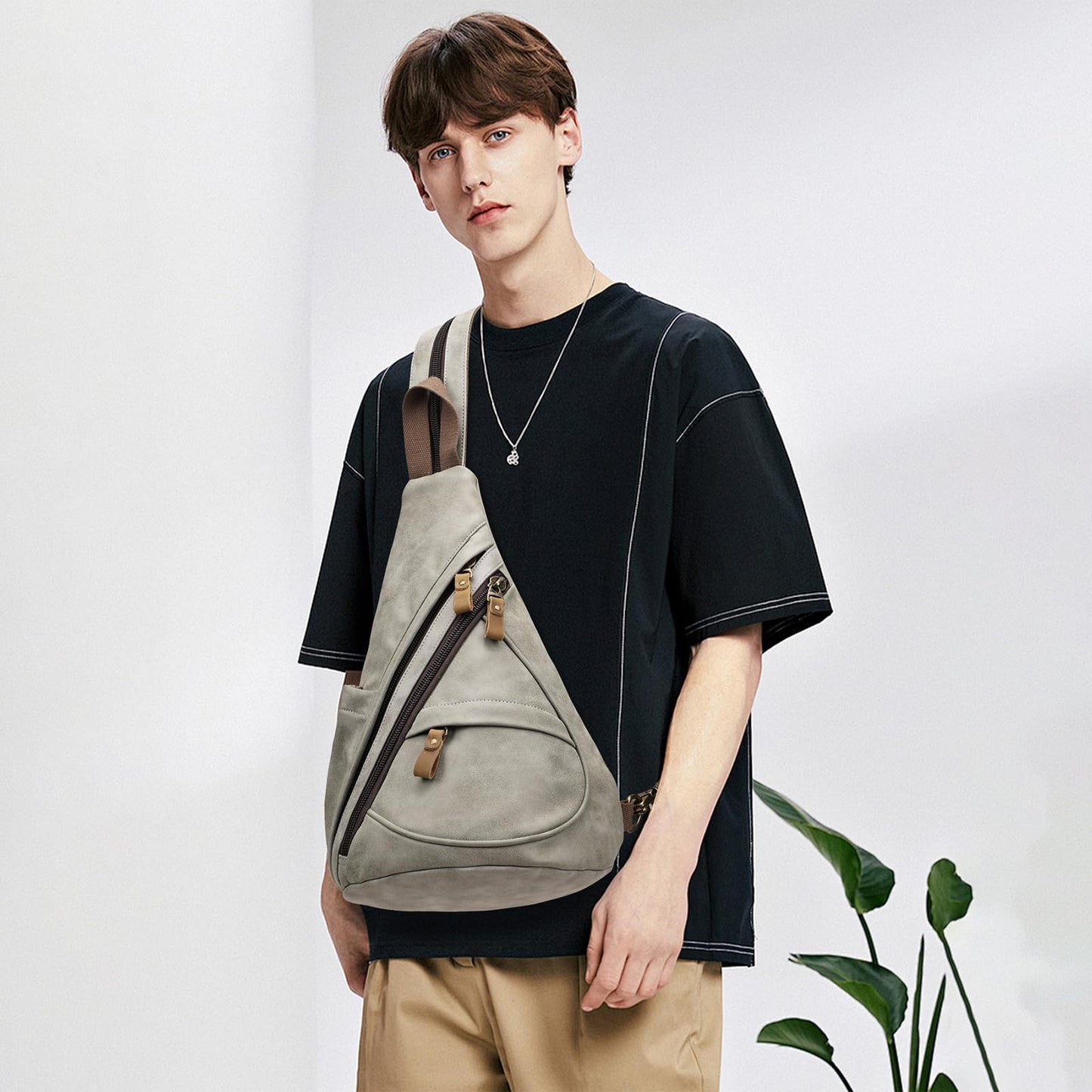 KL928 PU Leather Sling Bag - Small Crossbody Backpack Shoulder Casual Daypack Rucksack for Men Women(Leaden)