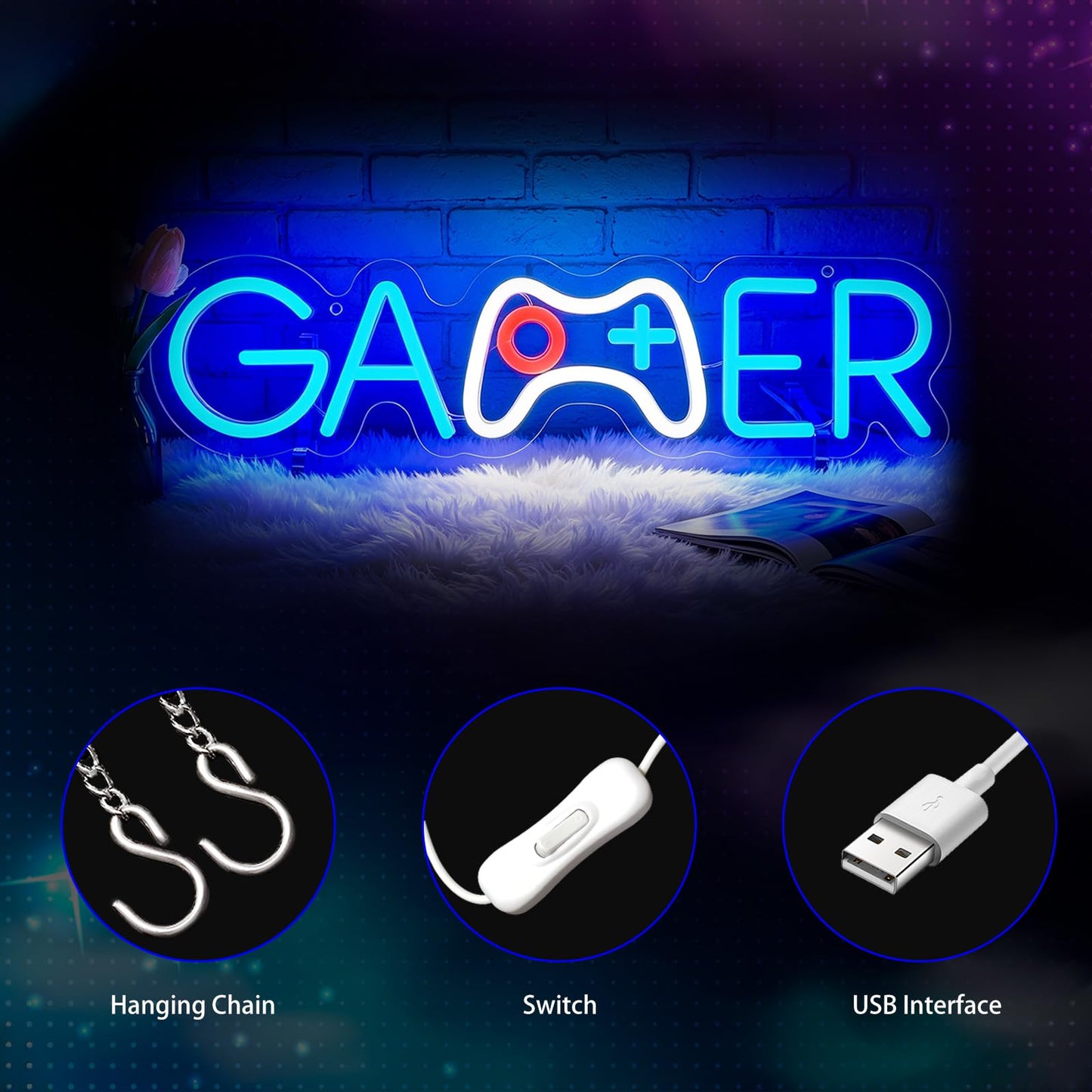 Gdbkabf Gamer Neon Sign, Gaming Neon Signs for Wall Decor - Game LED Signs for Teen Boys Room, Gaming Room Decor - USB Powered Light Up Sign Decorations