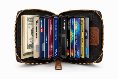 ESS Cowhide Leather Hair-On Wallet Women Small Zip Accordion Card Holder RFID Compact Organizer with Coin Pocket Secure Zipper Stylish Gift Pouch Minimal Everyday Carry